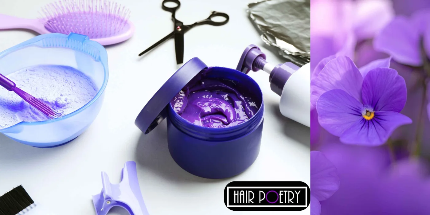 Professional hair colouring tools, violet dye and tint brush at Hair Poetry