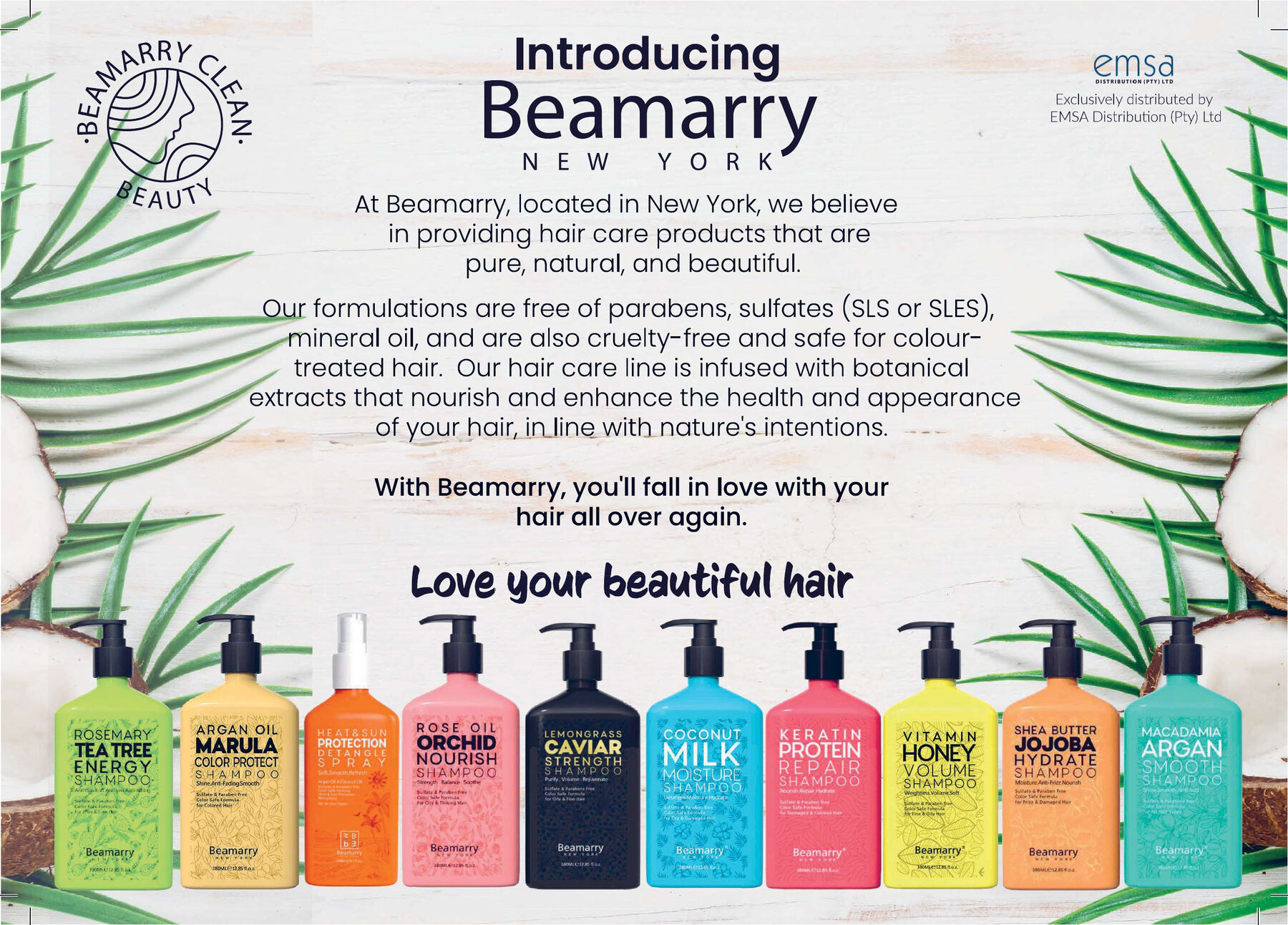 Beamarry New York brand poster showing the full shampoo range
